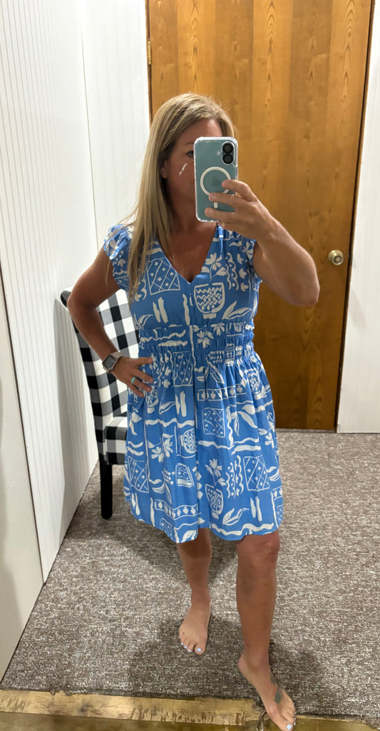 Blue Print Ruffle Sleeve Mini Dress