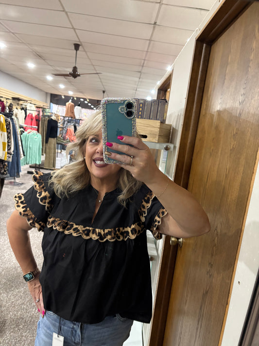 Black leopard trim top